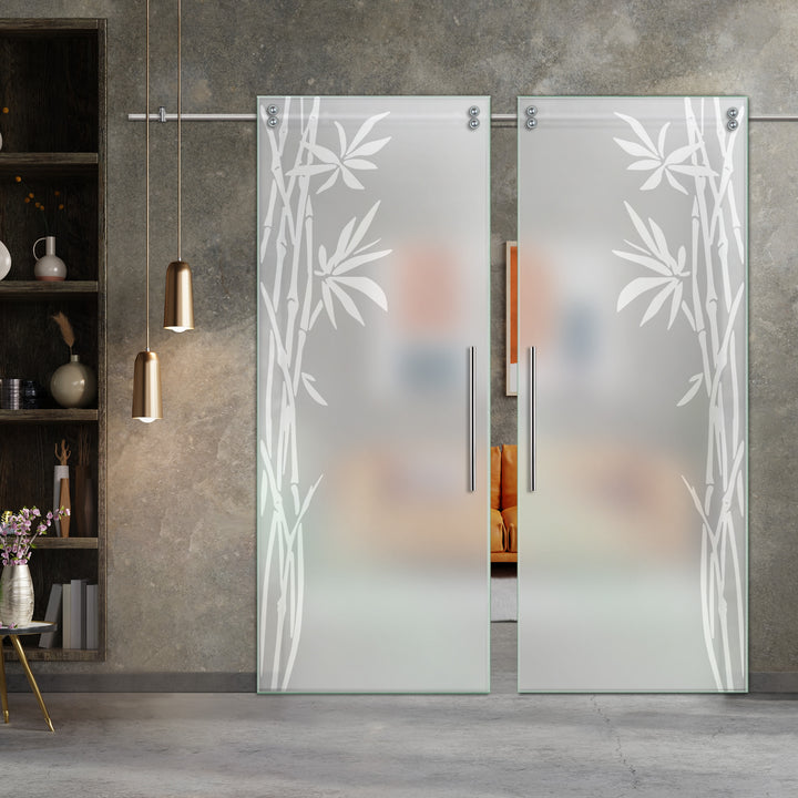 Double Sliding Glass Barn Door With Frosted Designs V2000 Sgf2 - 0756 - DoorDiscounter