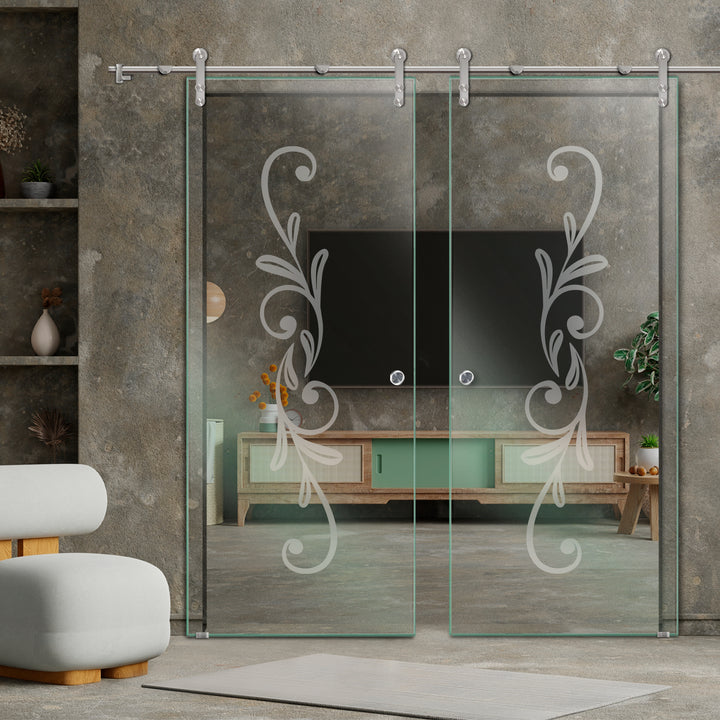 DOUBLE GLASS SLIDING BARN DOOR WITH DESIGN V1000 DSBD - 1682 - DoorDiscounter