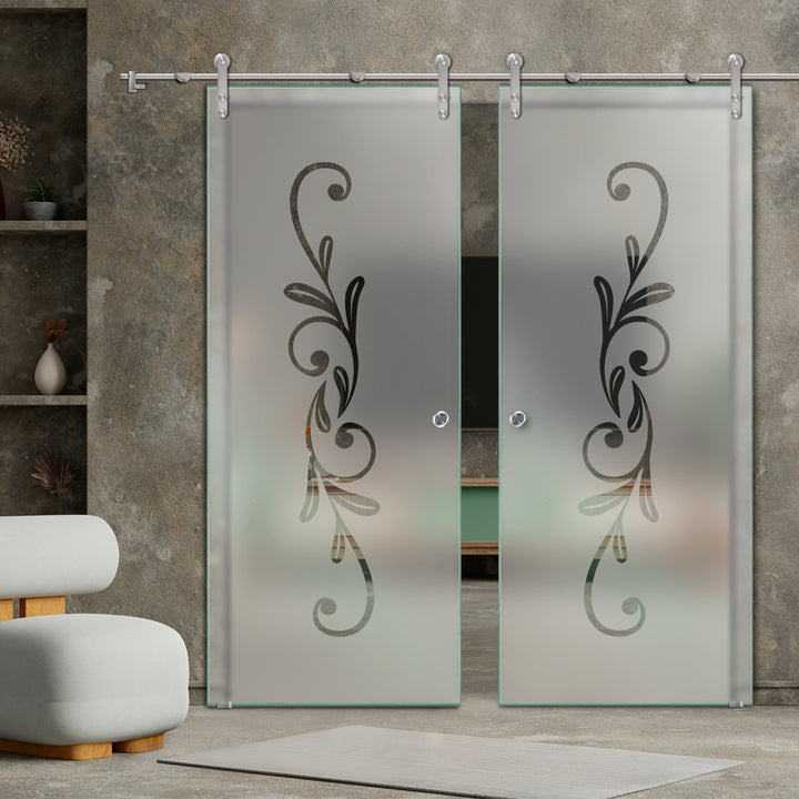 DOUBLE GLASS SLIDING BARN DOOR WITH DESIGN V1000 DSBD - 1682 - DoorDiscounter