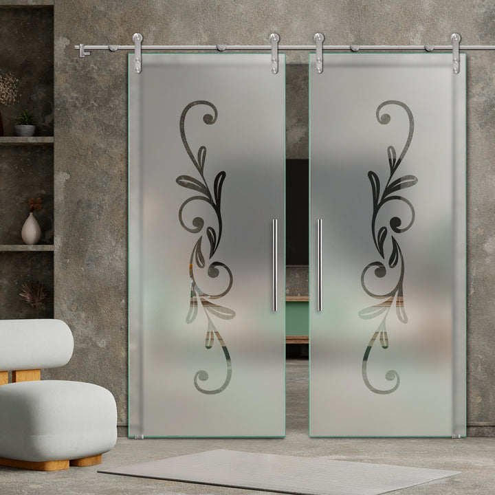 DOUBLE GLASS SLIDING BARN DOOR WITH DESIGN V1000 DSBD - 1682 - DoorDiscounter