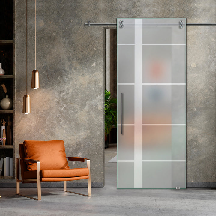 SLIDING GLASS BARN DOOR WITH FROSTED DESIGNS V2000 SGF1 - 0652 - DoorDiscounter