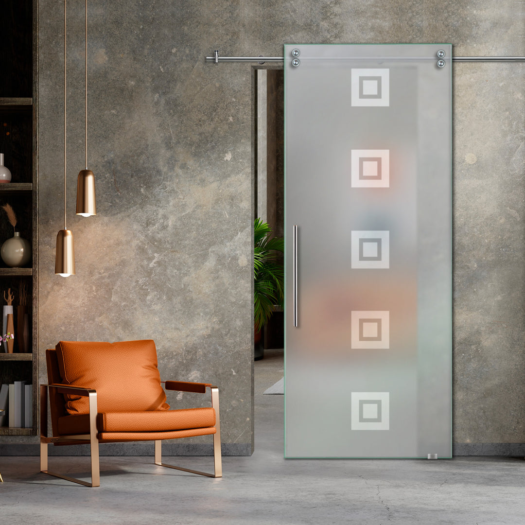 SLIDING GLASS BARN DOOR WITH FROSTED DESIGNS V2000 SGF1 - 0654 - DoorDiscounter