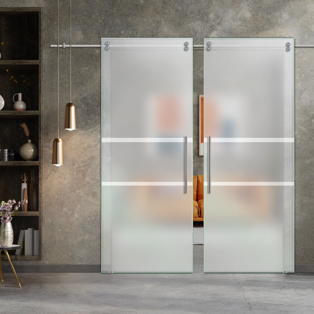 Double Sliding Glass Barn Door With Frosted Designs V2000 Sgf2 - 0835 - DoorDiscounter