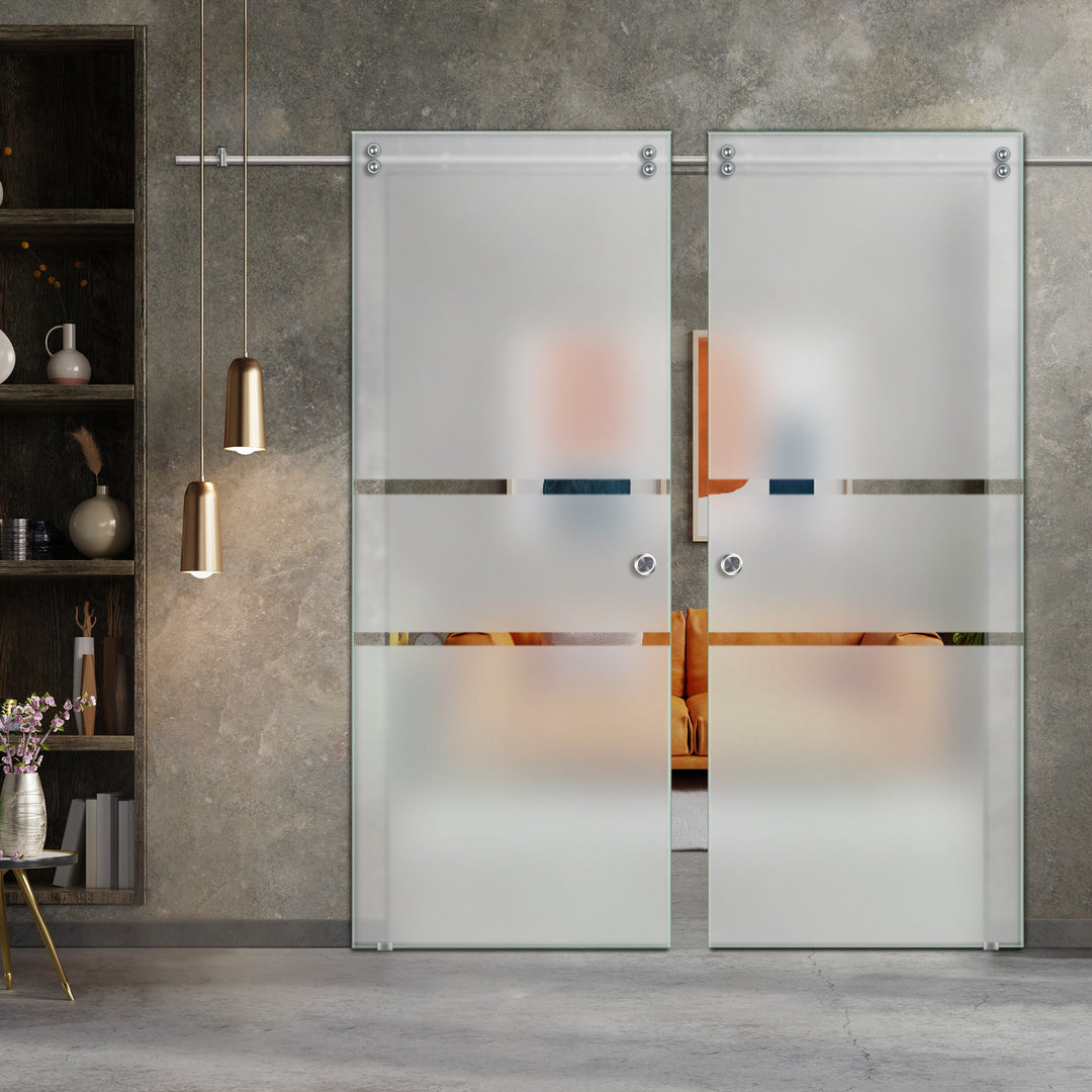 Double Sliding Glass Barn Door With Frosted Designs V2000 Sgf2 - 0835 - DoorDiscounter