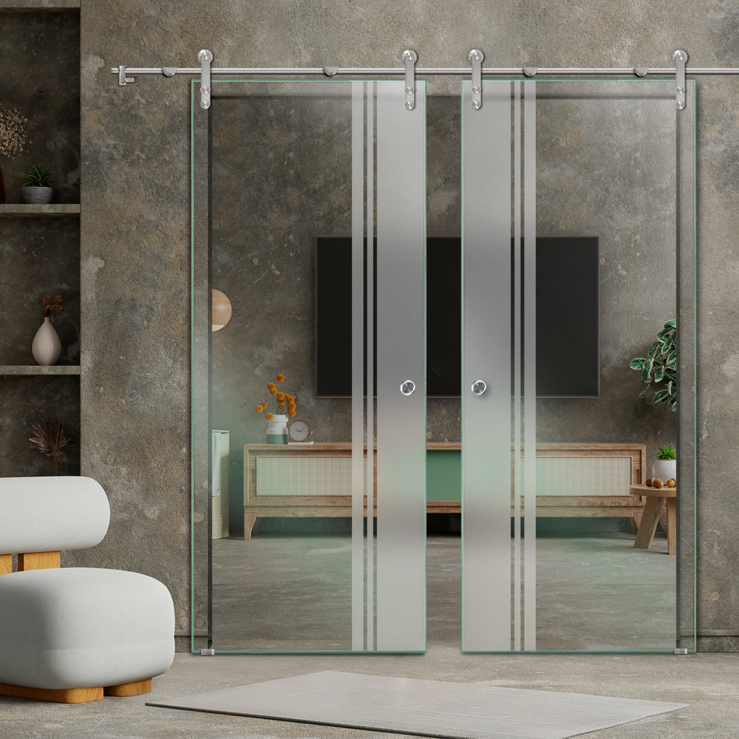 DOUBLE GLASS SLIDING BARN DOOR WITH DESIGN V1000 DSBD - 1719 - DoorDiscounter