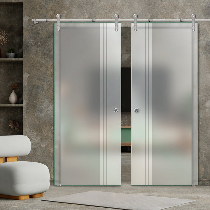 DOUBLE GLASS SLIDING BARN DOOR WITH DESIGN V1000 DSBD - 1719 - DoorDiscounter