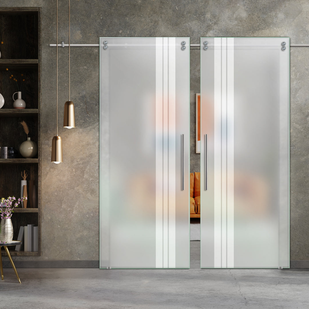 Double Sliding Glass Barn Door With Frosted Designs V2000 Sgf2 - 0839 - DoorDiscounter
