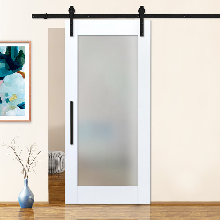 White Lacquered Sliding Barn Door with Full Private Frosted Glass Insert WGD - 1560 - DoorDiscounter