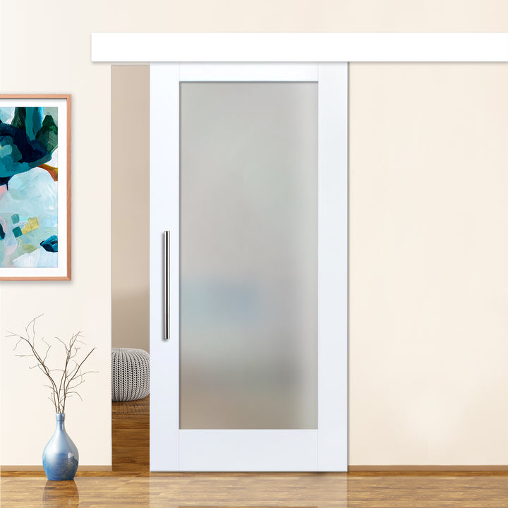 White Lacquered Sliding Barn Door with Full Private Frosted Glass Insert WGD - 1560 - DoorDiscounter