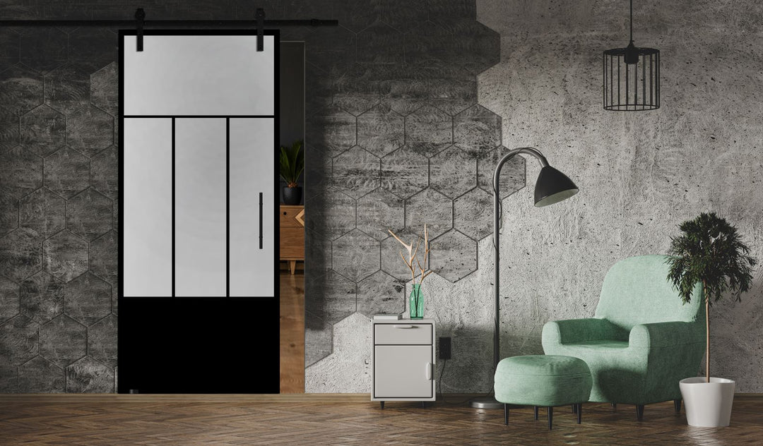 Frameless Industrial Glass Style Sliding Barn Door FIB1 -0359 - DoorDiscounter