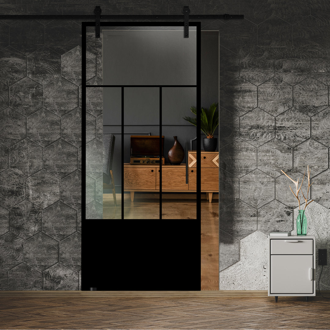 Frameless Industrial Glass Style Sliding Barn Door FIB1 -0359 - DoorDiscounter