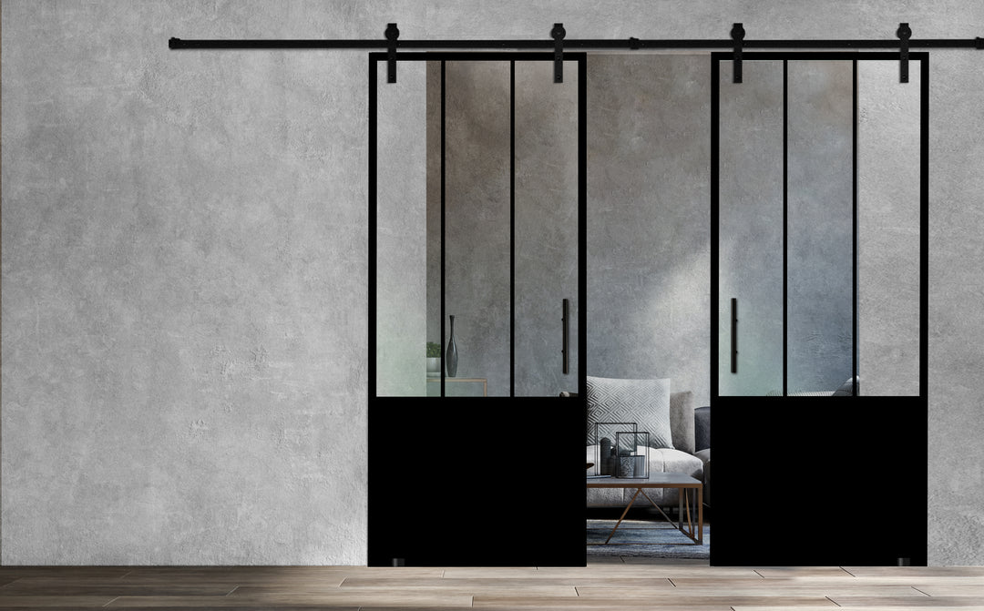 Frameless Industrial Glass Style Sliding Double Barn Door FIBD - 1382 - DoorDiscounter