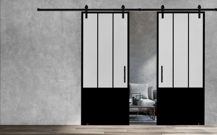 Frameless Industrial Glass Style Sliding Double Barn Door FIBD - 1382 - DoorDiscounter