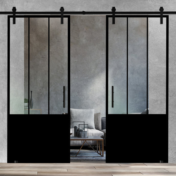 Frameless Industrial Glass Style Sliding Double Barn Door FIBD - 1382 - DoorDiscounter