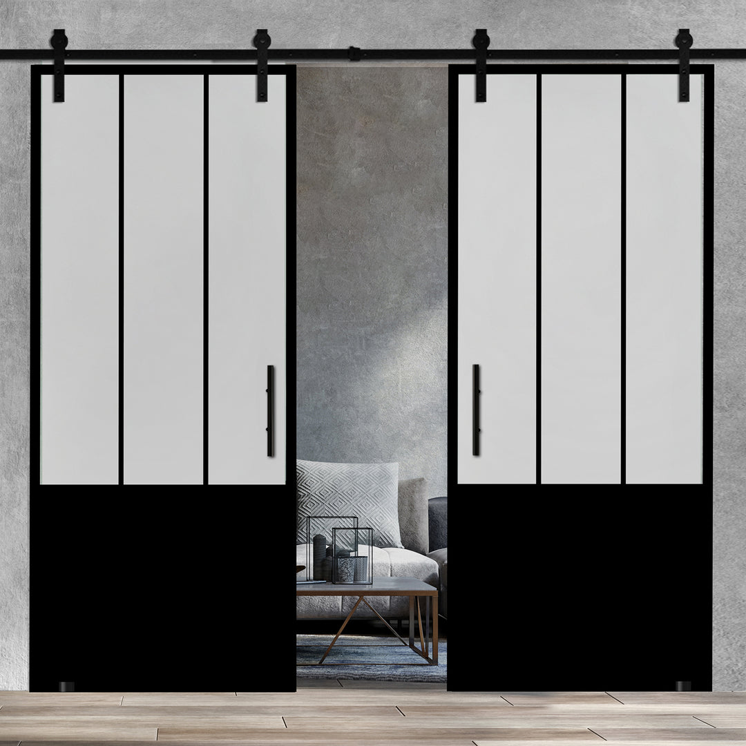 Frameless Industrial Glass Style Sliding Double Barn Door FIBD - 1382 - DoorDiscounter