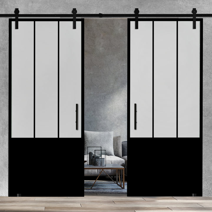 Frameless Industrial Glass Style Sliding Double Barn Door FIBD - 1382 - DoorDiscounter